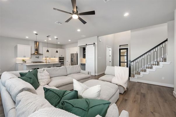 Interior, Kitchen, Living room, Pendant Lights, Recessed Lighting, Stainless Steel Appliances, Wood Texture Flooring