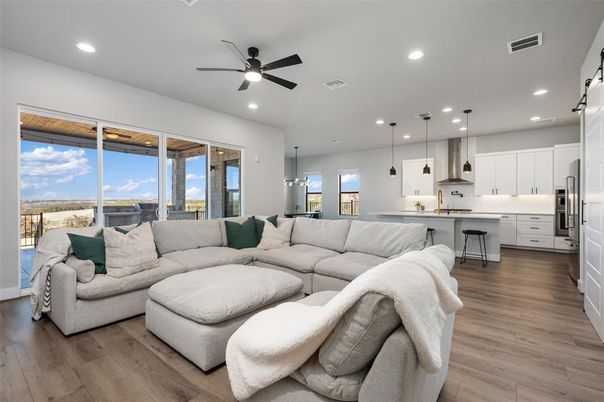 Interior, Kitchen, Living room, Pendant Lights, Recessed Lighting, Stainless Steel Appliances, Wood Texture Flooring