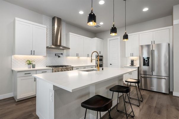 Interior, Kitchen, Pendant Lights, Recessed Lighting, Stainless Steel Appliances, Wood Texture Flooring