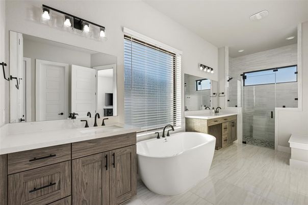 Bathroom, Dual Sink Vanities, Free Standing Baths, Glass Shower, Interior, Marble, Recessed Lighting