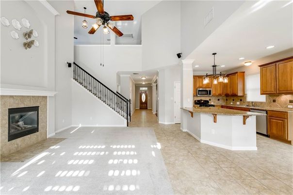 Fireplace, Interior, Kitchen, Pendant Lights, Recessed Lighting, Stainless Steel Appliances