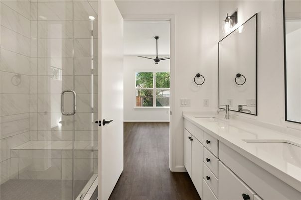 Bathroom, Dual Sink Vanities, Glass Shower, Interior, Wood Texture Flooring