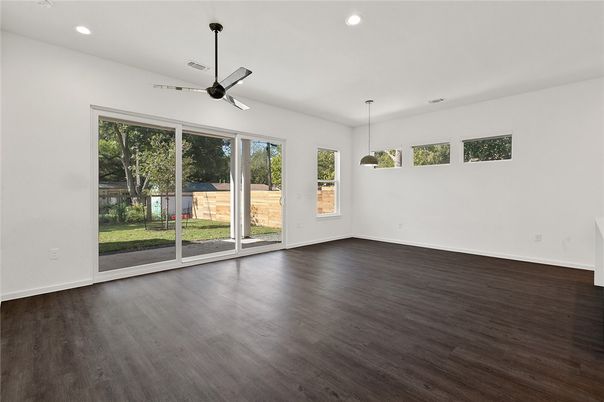 Empty room, Interior, Pendant Lights, Recessed Lighting, Wood Texture Flooring