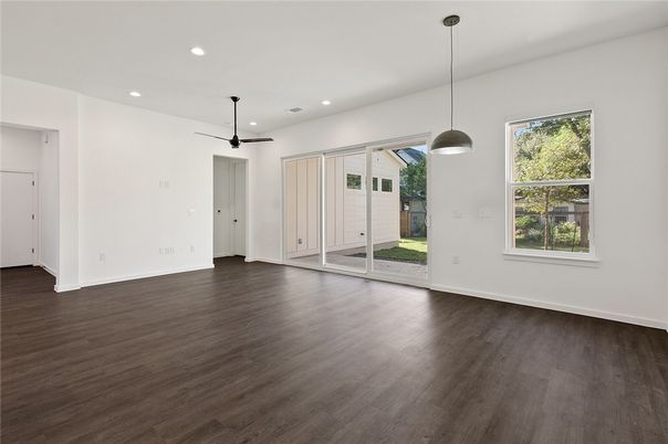 Empty room, Interior, Pendant Lights, Recessed Lighting, Wood Texture Flooring
