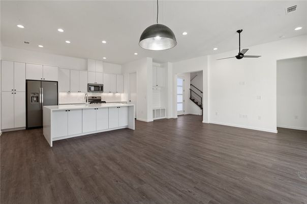 Interior, Kitchen, Pendant Lights, Recessed Lighting, Stainless Steel Appliances, Wood Texture Flooring
