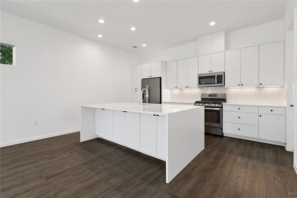 Interior, Kitchen, Recessed Lighting, Stainless Steel Appliances, Wood Texture Flooring