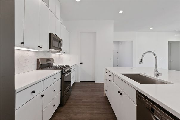 Interior, Kitchen, Recessed Lighting, Wood Texture Flooring