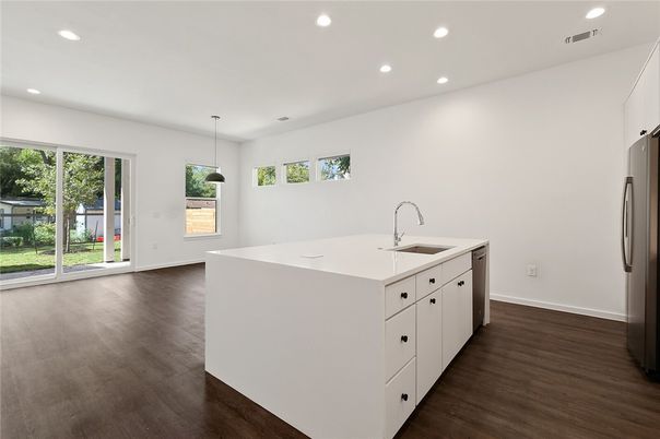 Interior, Kitchen, Pendant Lights, Recessed Lighting, Wood Texture Flooring