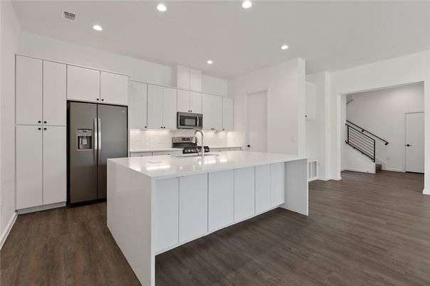 Interior, Kitchen, Recessed Lighting, Stainless Steel Appliances, Wood Texture Flooring