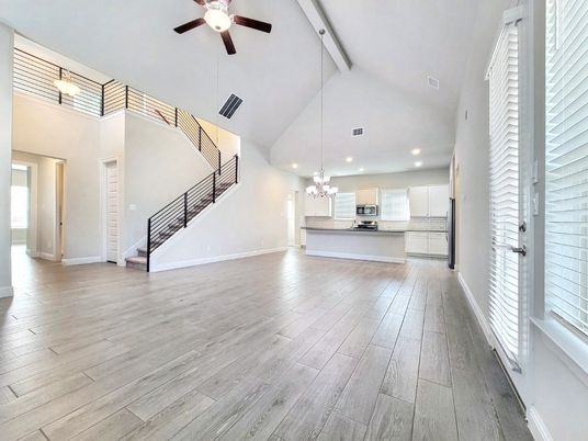 Chandelier, Interior, Kitchen, Pendant Lights, Recessed Lighting, Stainless Steel Appliances, Wood Texture Flooring