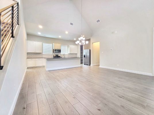 Chandelier, Empty room, Interior, Kitchen, Pendant Lights, Recessed Lighting, Stainless Steel Appliances, Wood Texture Flooring