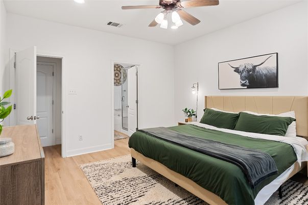 Bedroom, Interior, Recessed Lighting, Wood Texture Flooring