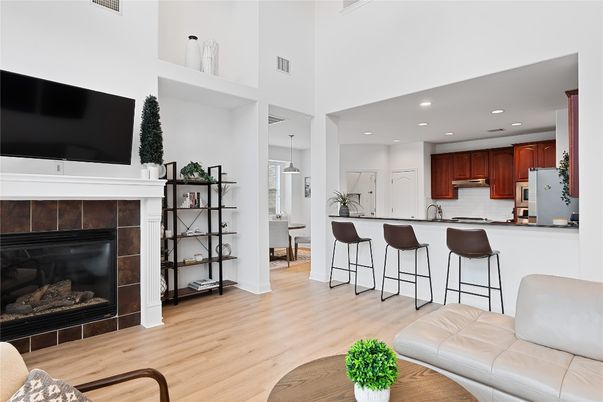 Dining room, Fireplace, Interior, Kitchen, Pendant Lights, Recessed Lighting, Wood Texture Flooring