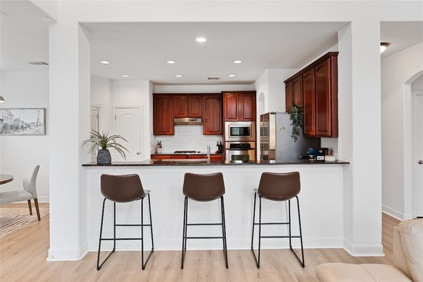 Interior, Kitchen, Recessed Lighting, Stainless Steel Appliances, Wood Texture Flooring