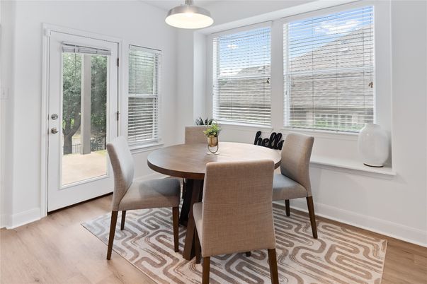 Dining room, Interior, Pendant Lights, Wood Texture Flooring