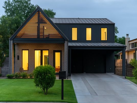 Attached, Exterior, Facade, Brick Facade, Modern