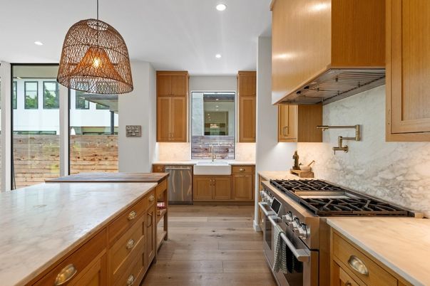 Interior, Kitchen, Pendant Lights, Recessed Lighting, Stainless Steel Appliances, Wood Texture Flooring