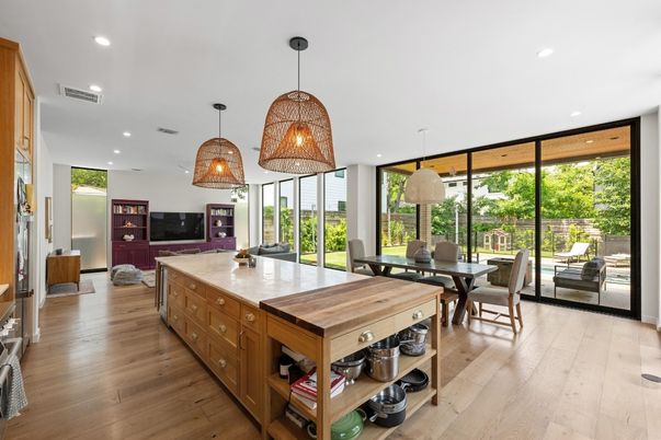 Dining room, Interior, Kitchen, Pendant Lights, Recessed Lighting, Wood Texture Flooring