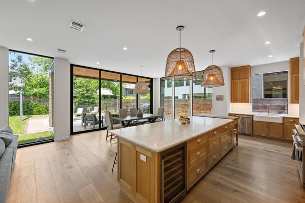 Dining room, Interior, Kitchen, Pendant Lights, Recessed Lighting, Stainless Steel Appliances, Wood Texture Flooring