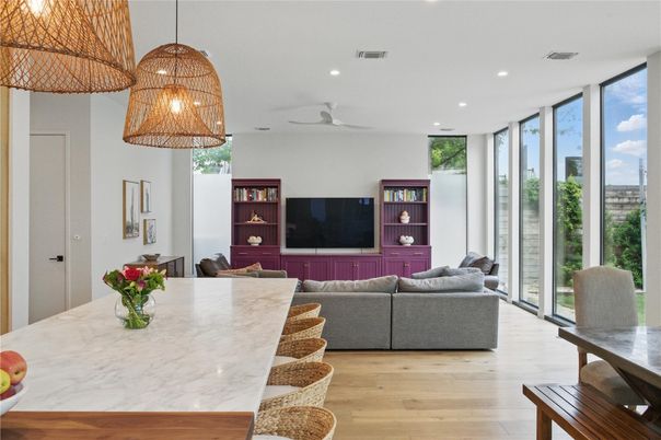 Dining room, Interior, Living room, Pendant Lights, Recessed Lighting, Wood Texture Flooring