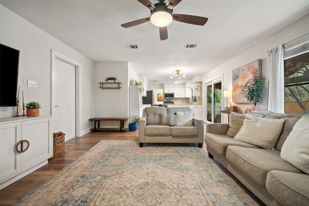Interior, Kitchen, Living room, Stainless Steel Appliances, Wood Texture Flooring