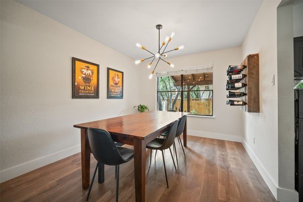 Dining room, Interior, Pendant Lights, Wood Texture Flooring