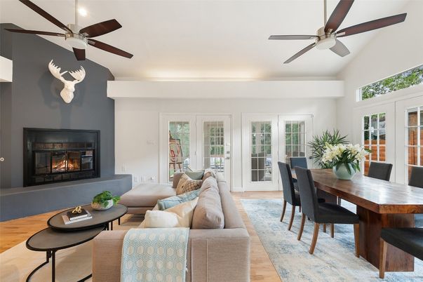 Dining room, Fireplace, Interior, Living room, Wood Texture Flooring
