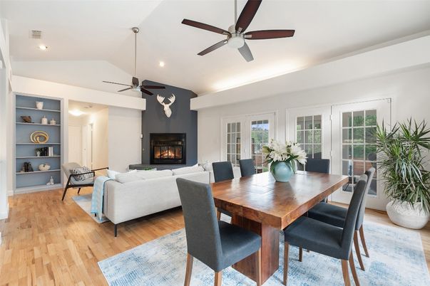 Dining room, Fireplace, Interior, Living room, Recessed Lighting, Wood Texture Flooring
