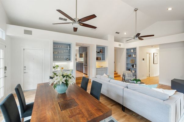 Dining room, Interior, Living room, Recessed Lighting, Wood Texture Flooring