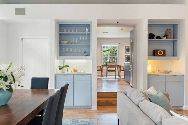 Dining room, Interior, Living room, Recessed Lighting, Wood Texture Flooring