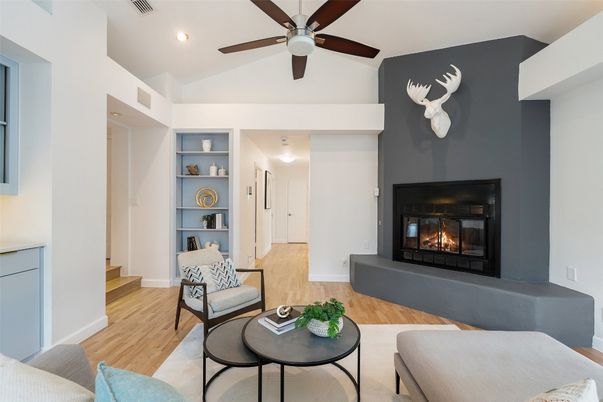 Fireplace, Interior, Living room, Recessed Lighting, Wood Texture Flooring