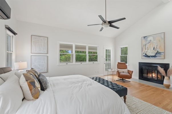 Bedroom, Fireplace, Interior, Wood Texture Flooring