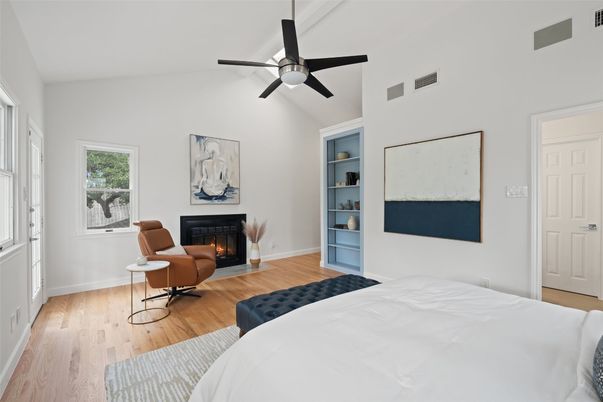 Bedroom, Fireplace, Interior, Wood Texture Flooring