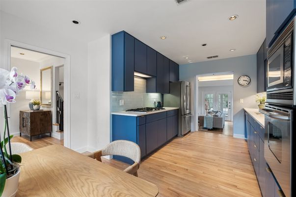 Interior, Kitchen, Living room, Recessed Lighting, Stainless Steel Appliances, Wood Texture Flooring