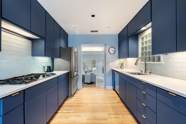 Interior, Kitchen, Recessed Lighting, Stainless Steel Appliances, Wood Texture Flooring