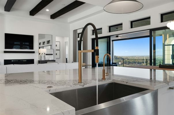 Interior, Kitchen, Recessed Lighting, Stainless Steel Appliances, Water, Wooden Beams