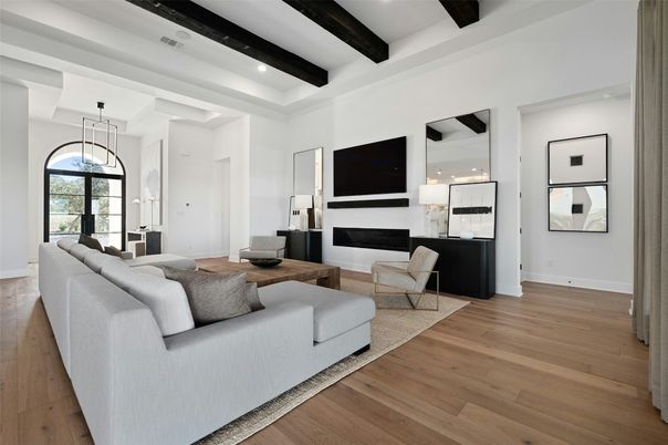 Fireplace, Interior, Living room, Pendant Lights, Recessed Lighting, Wooden Beams, Wood Texture Flooring