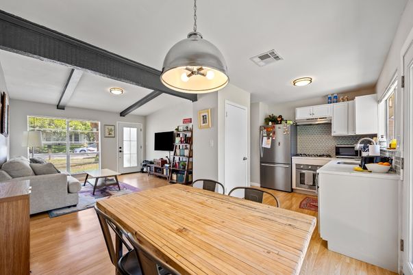 Dining room, Interior, Kitchen, Living room, Pendant Lights, Wood Texture Flooring