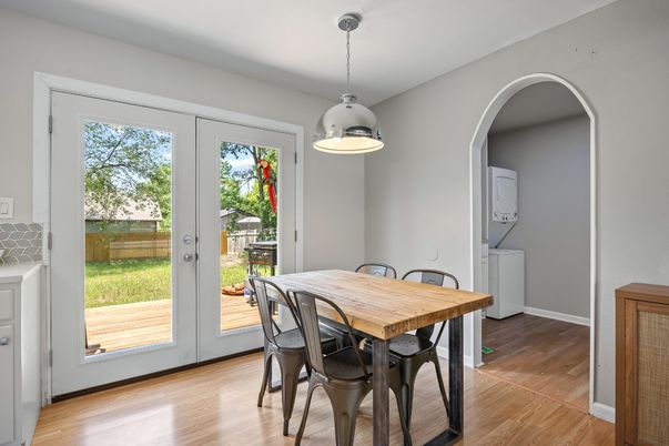 Dining room, Interior, Pendant Lights, Wood Texture Flooring