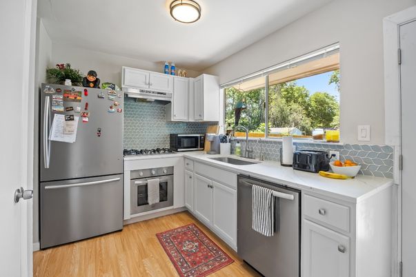Interior, Kitchen, Stainless Steel Appliances, Wood Texture Flooring