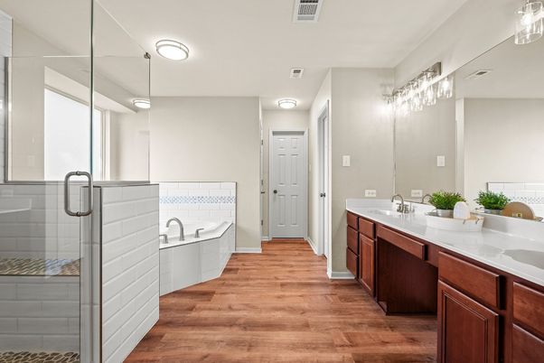 Bathroom, Dual Sink Vanities, Glass Shower, Interior, Wood Texture Flooring