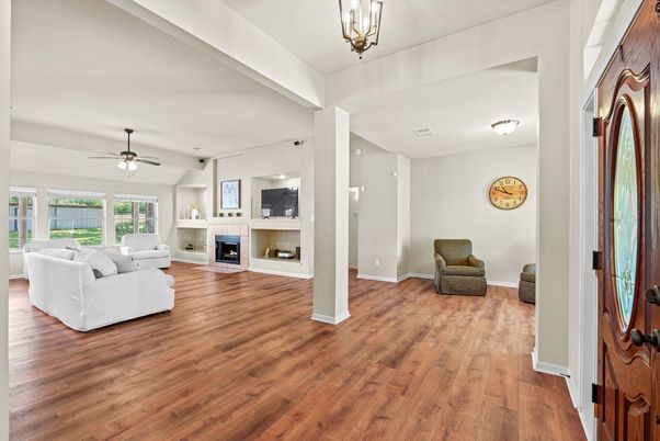 Fireplace, Interior, Living room, Recessed Lighting, Wood Texture Flooring