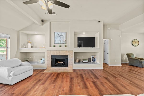 Fireplace, Interior, Recessed Lighting, Wood Texture Flooring