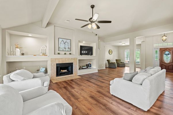 Fireplace, Interior, Living room, Recessed Lighting, Wood Texture Flooring