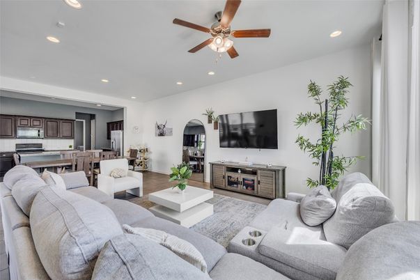 Interior, Kitchen, Living room, Recessed Lighting, Stainless Steel Appliances, Wood Texture Flooring