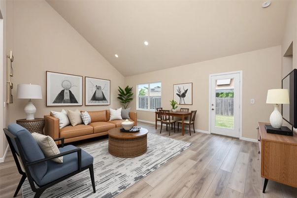 Dining room, Interior, Living room, Recessed Lighting, Wood Texture Flooring