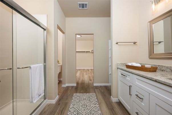 Bathroom, Glass Shower, Interior, Walk-in Closets, Wood Texture Flooring