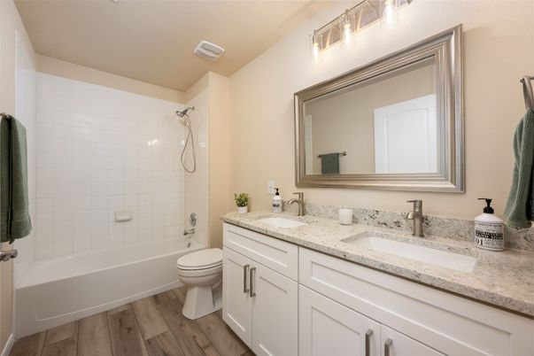 Bathroom, Dual Sink Vanities, Interior, Wood Texture Flooring
