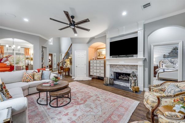 Chandelier, Dining room, Fireplace, Interior, Living room, Recessed Lighting, Wood Texture Flooring