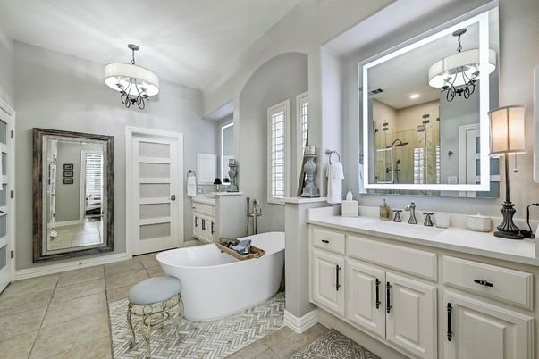 Bathroom, Chandelier, Dual Sink Vanities, Free Standing Baths, Interior, Pendant Lights, Recessed Lighting